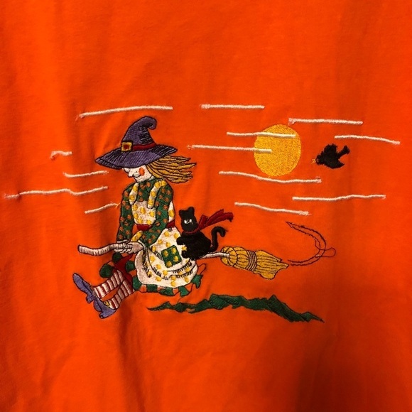 Vintage Basic Editions Halloween witch embroidered orange shirt size medium - Picture 2 of 7